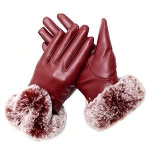 Burgundy Women's Pu Leather Faux fur Gloves NEW mob wife trend winter fashion